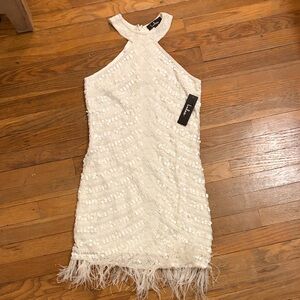 Lulu's Ivory Sequin Halter Dress with Feather Trim